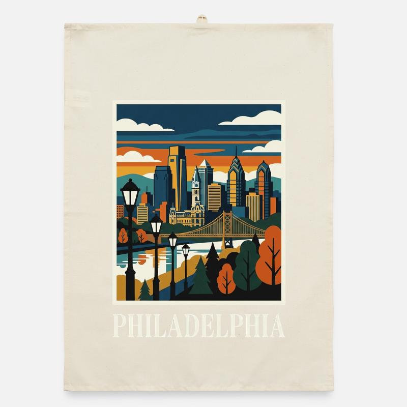 Affiche du coucher de soleil de la skyline de Philadelphie Torchon bio