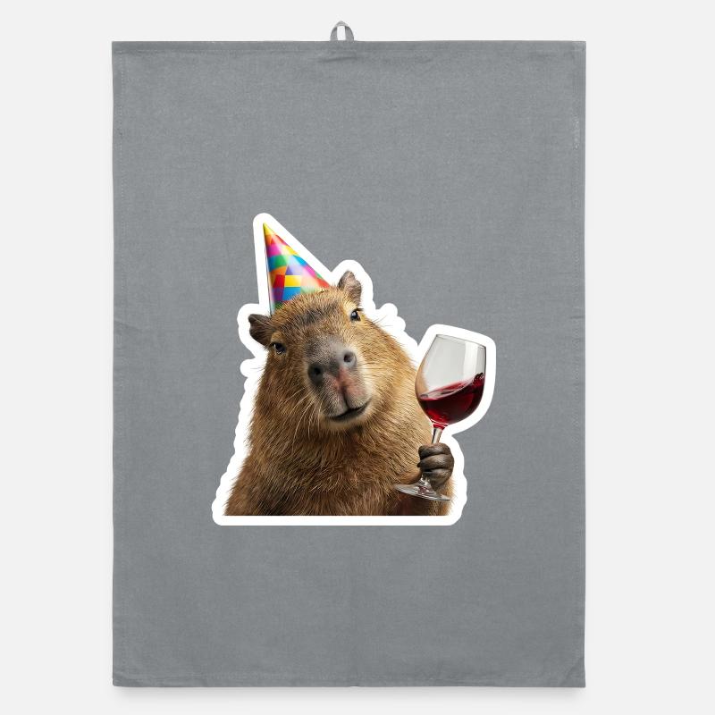 Capybara in party mode with wine Organic dish towel