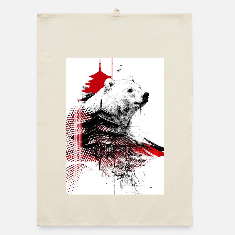 Ours et Pagodes en Gravure Rouge Torchon bio