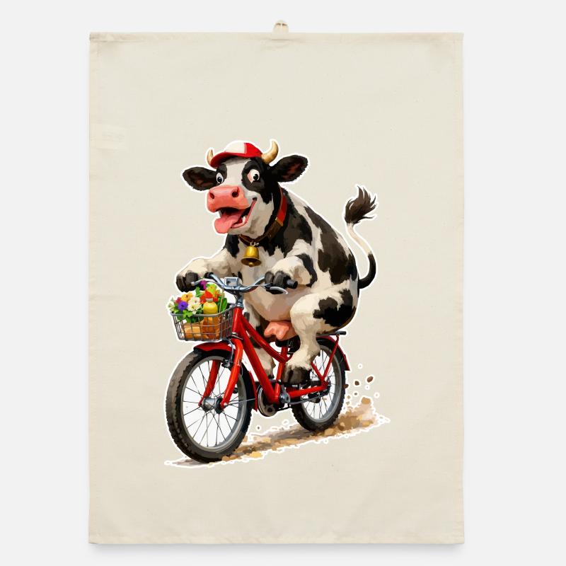 Cow on bicycle with basket Organic dish towel
