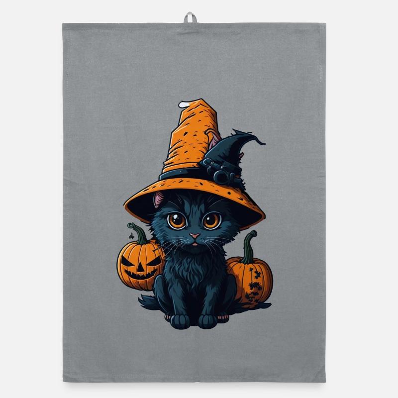 Chat mignon chapeau sorcière halloween Torchon bio