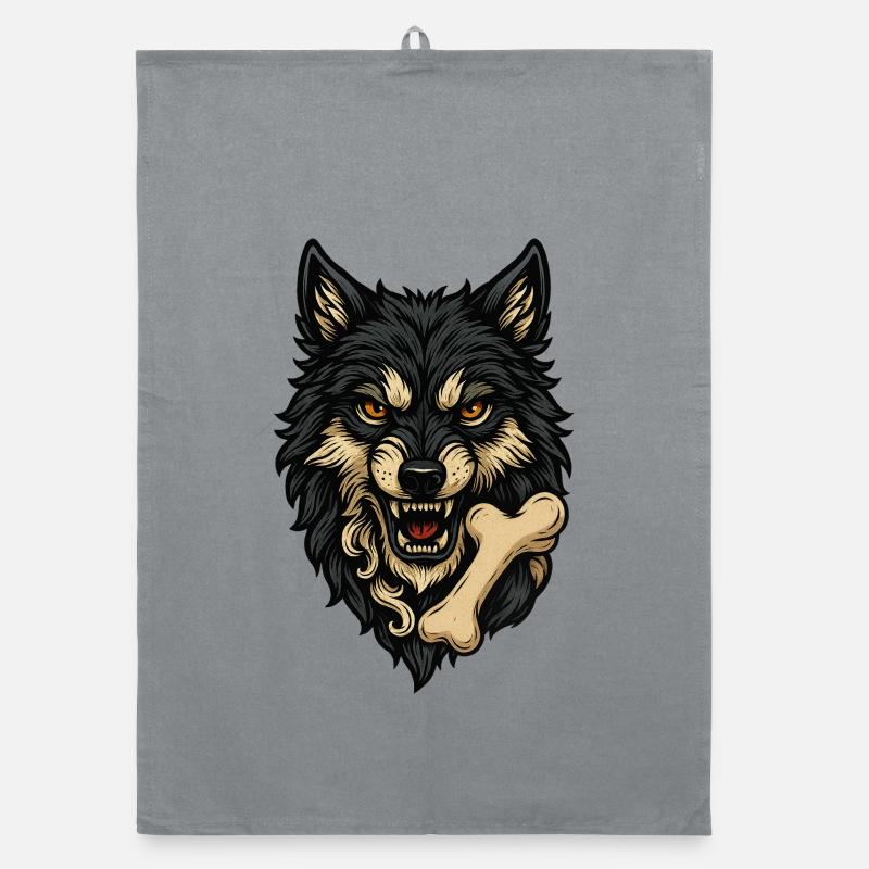 Wolf Attack: Wolf's Head with Bone - Organic dish towel - grey