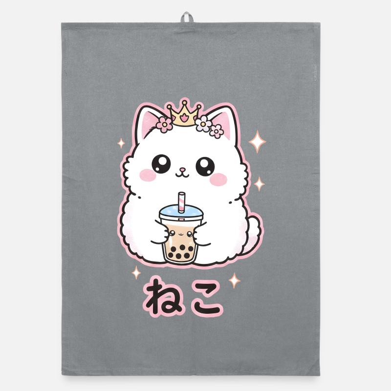 Reine des chats au bubble tea - Torchon bio - bruyère