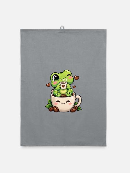 Kawaii Kaffeemaschine Frosch - Organic Geschirrtuch - Grau