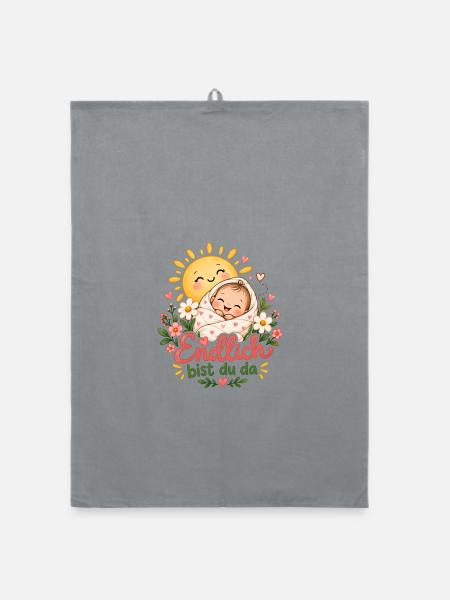 Endlich da: Sonnenbaby mit Blumen - Organic Geschirrtuch - Grau - Vorne