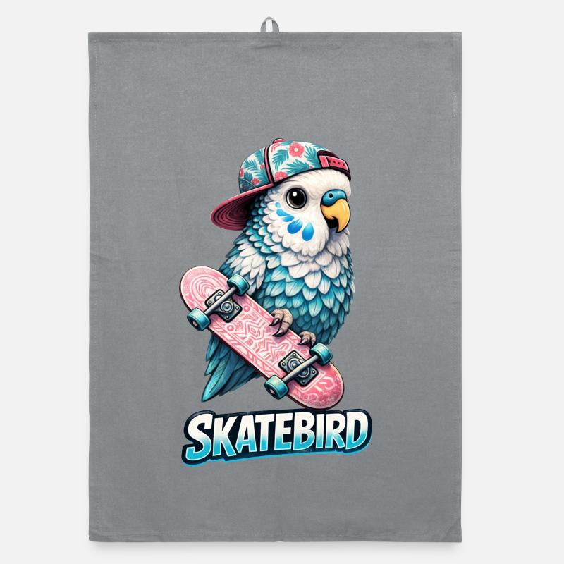Blue Skatebird – Cool Parrot Illustration with Organic dish towel