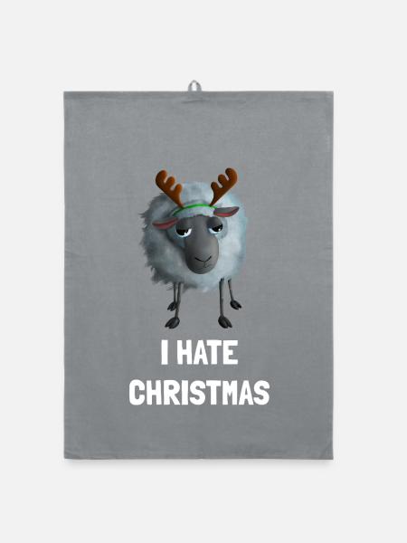 I hate Christmas Schaf - Weihnachtsmuffel Geweih - Organic Geschirrtuch - Grau - Vorne