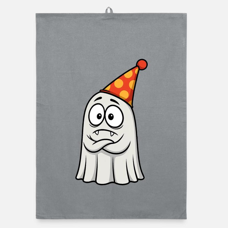 Grumpy Ghost with Party Hat - Organic dish towel - grey