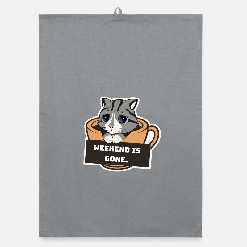 Chaton triste avec tasse à café et signe de week-end - Torchon bio - bruyère