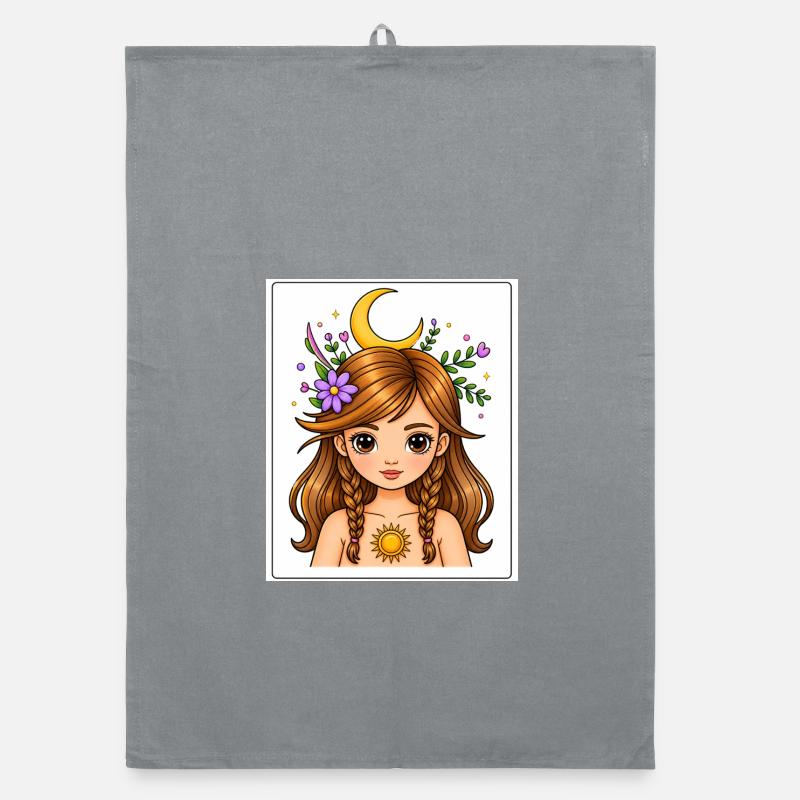 Fille lunaire aux fleurs et au soleil - Torchon bio - bruyère