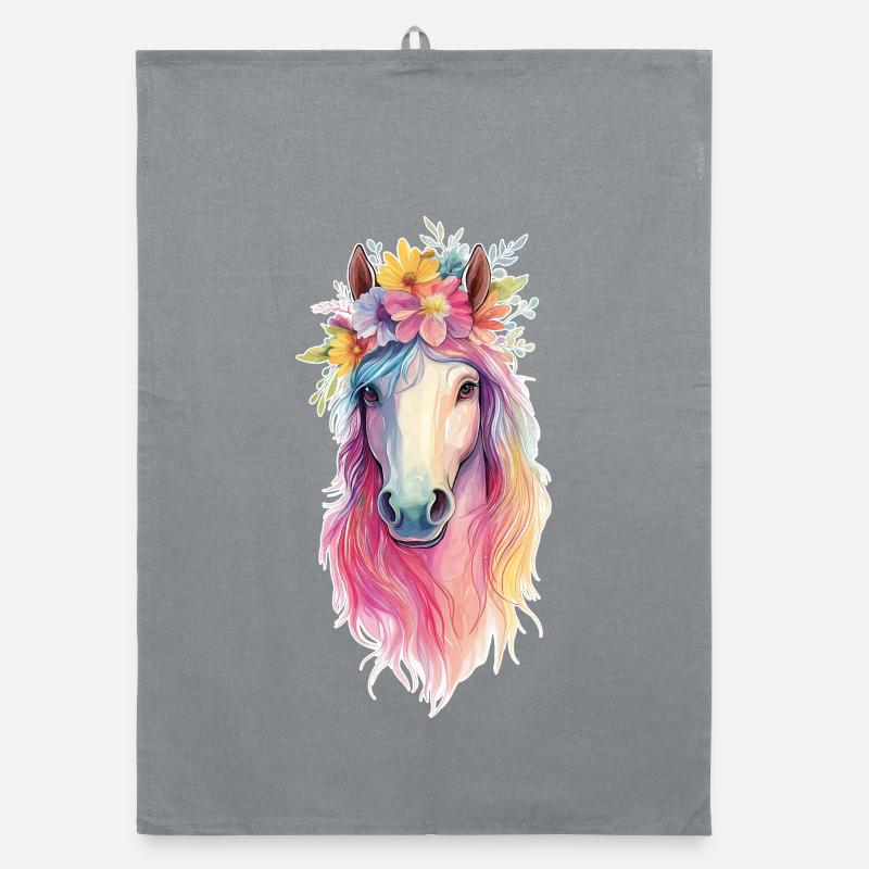 Pferd mit Blumen - Organic Geschirrtuch - Grau