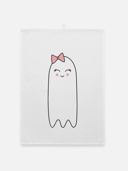 Geist mit rosa Schleife – Süßes Halloween Design - Organic Geschirrtuch - Weiß - Vorne