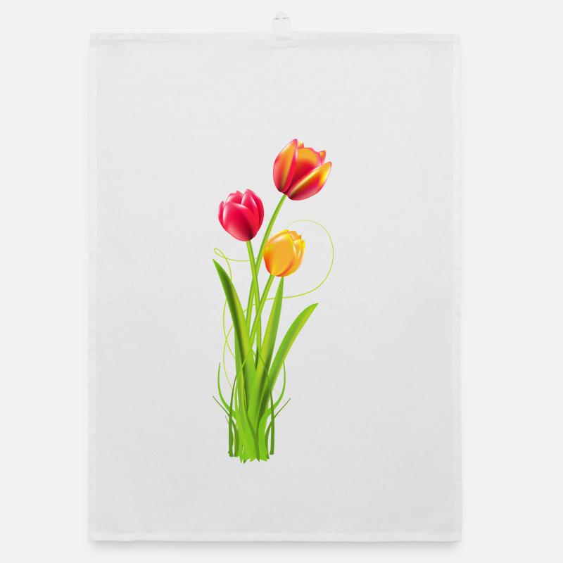 Three brightly coloured tulips as a spring bouquet Organic dish towel
