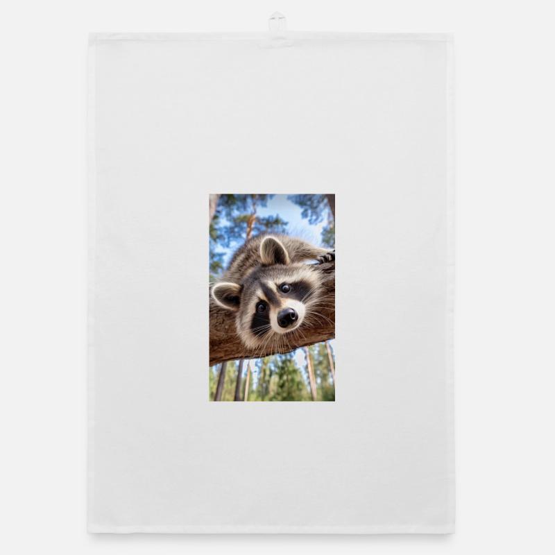 Curious Raccoon on Tree Limb - Organic dish towel - white
