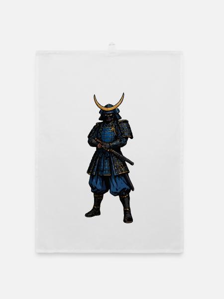 Samurai mit blauer Rüstung und Mondhelm - Organic Geschirrtuch - Weiß - Vorne