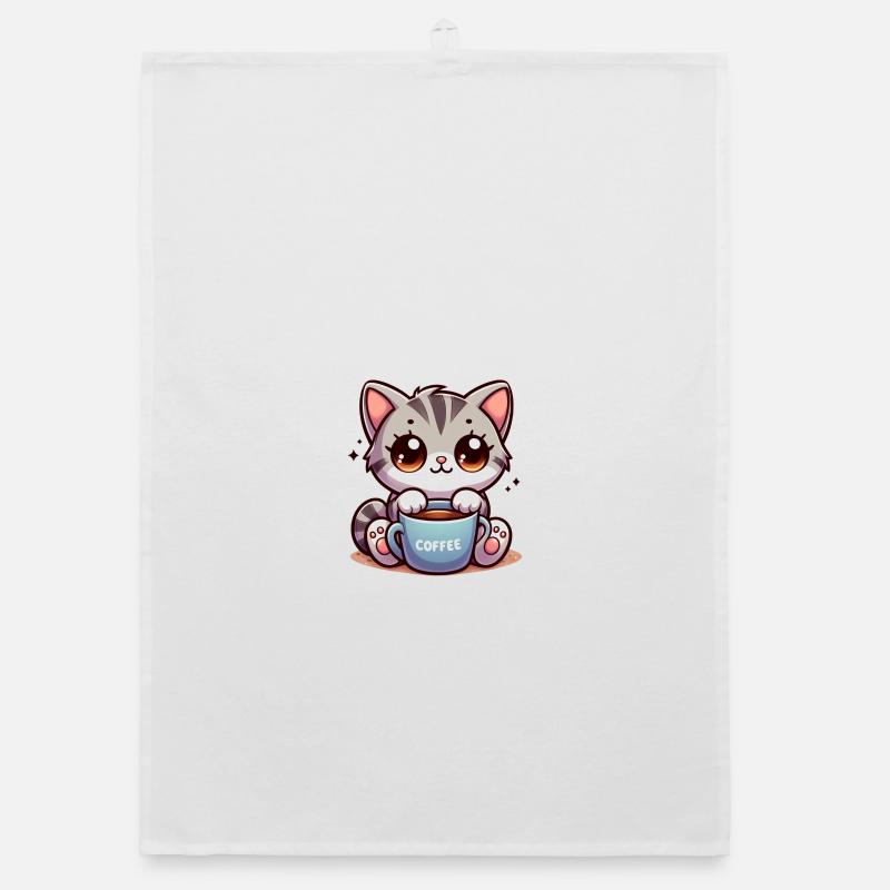 Cat with Coffee Mug 4 - Organic dish towel - white