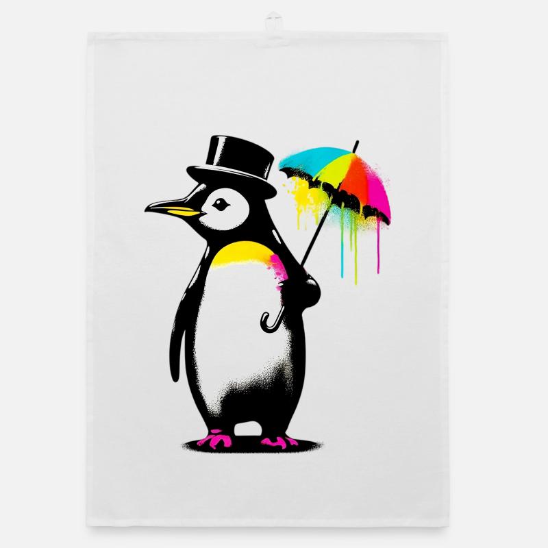 Penguin with hat and umbrella for rain Organic dish towel