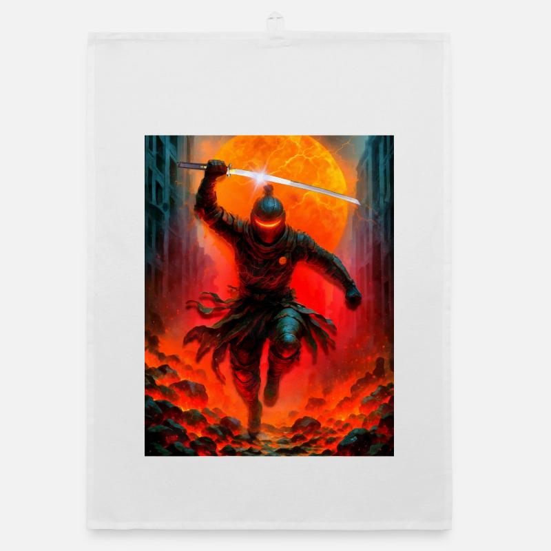 Fiery ninja in battle Organic dish towel