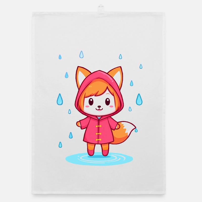 Little Chibi Fox in Raincoat - Organic dish towel - white