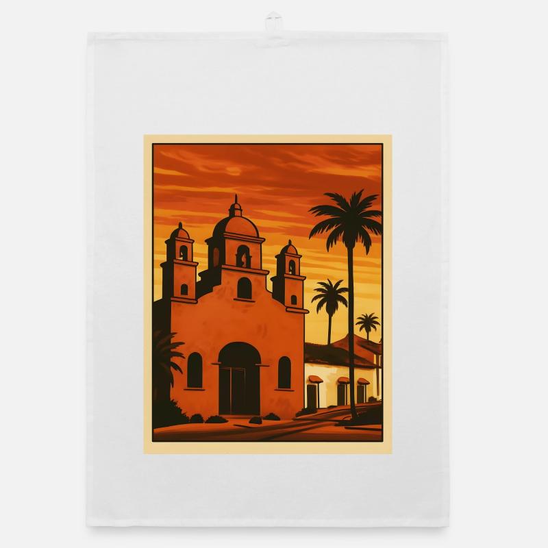 Sunset, church, palm trees and beach Organic dish towel