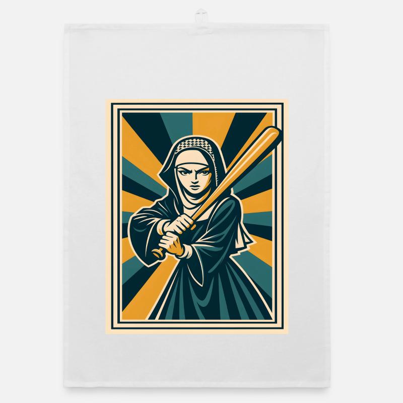 Nun with baseball bat Organic dish towel