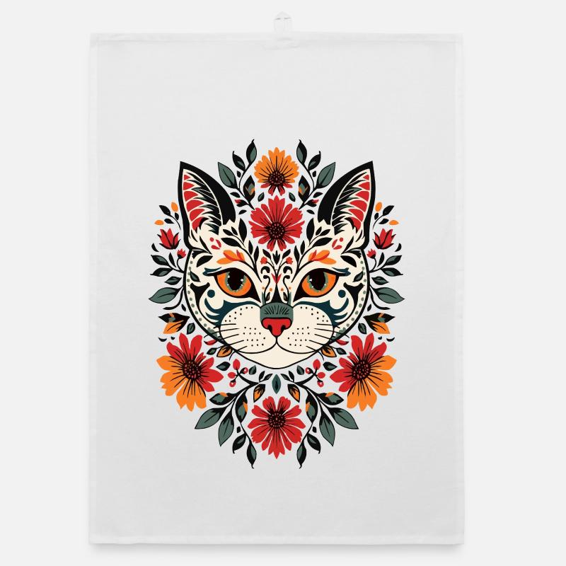 Tête de chat Folkart avec des fleurs Torchon bio