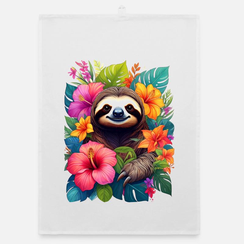 Sloth among exotic flowers in the jungle Organic dish towel