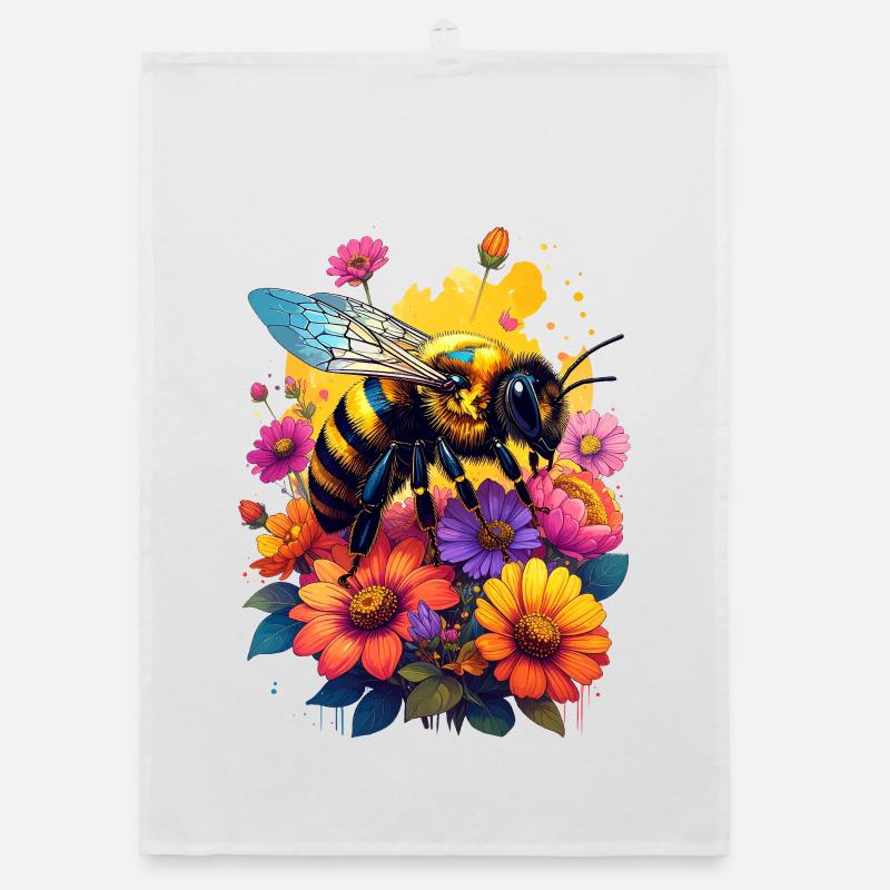 A bee on colorful flowers Organic dish towel