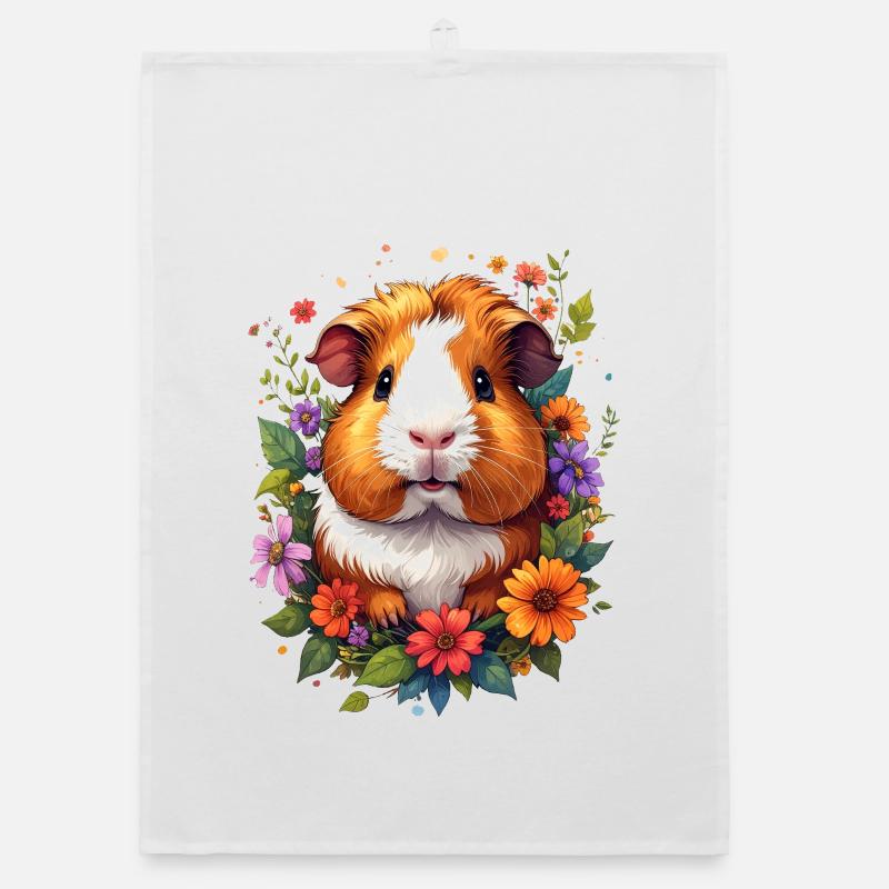 Petit cochon d’Inde mignon entouré de fleurs Torchon bio