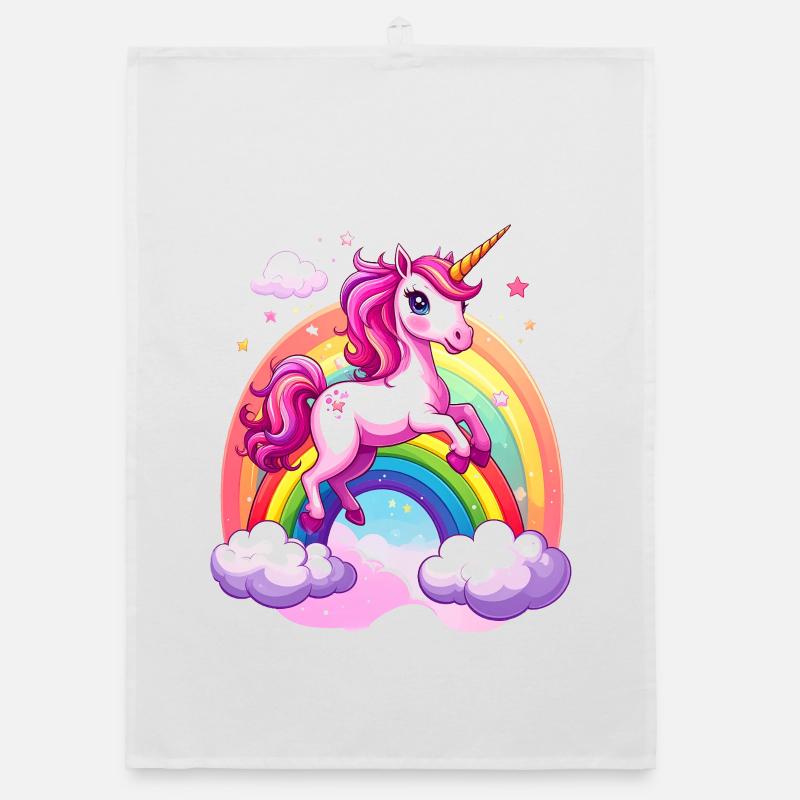 Rosa Einhorn mit Regenbogen und Wolken Organic Geschirrtuch