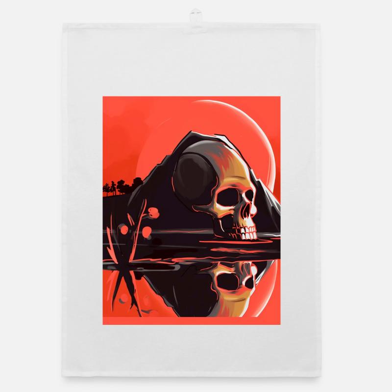 Skull in front of mountain with red sun Organic dish towel
