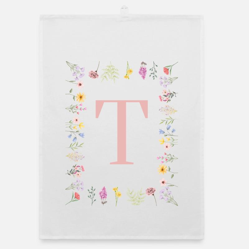 Floral initials "T", letters monogram Organic dish towel