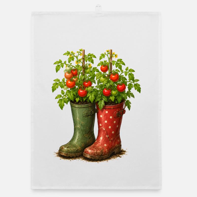 Motif de plants de tomates dans le jardin des bottes de caoutchouc Torchon bio