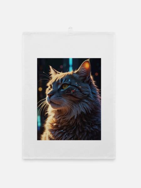 Sternenpfote: Neon-Katze im Licht - Organic Geschirrtuch - Weiß - Vorne