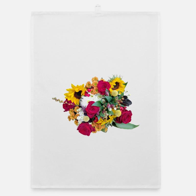 Bouquet coloré de fleurs, de roses, de tournesols - Torchon bio - blanc