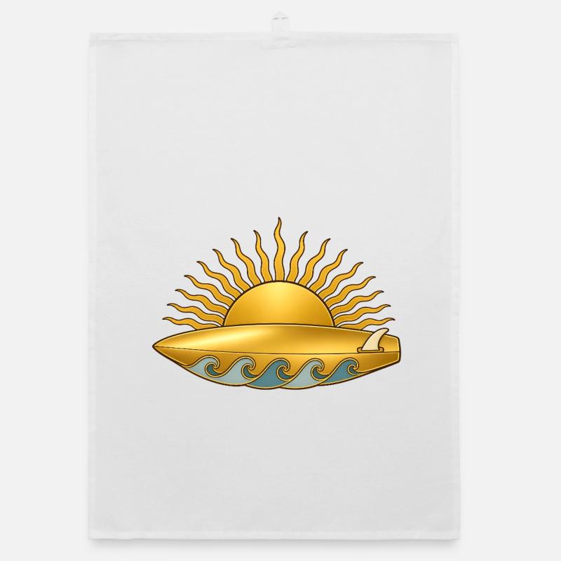 Soleil doré avec planche de surf et vagues de mer Torchon bio
