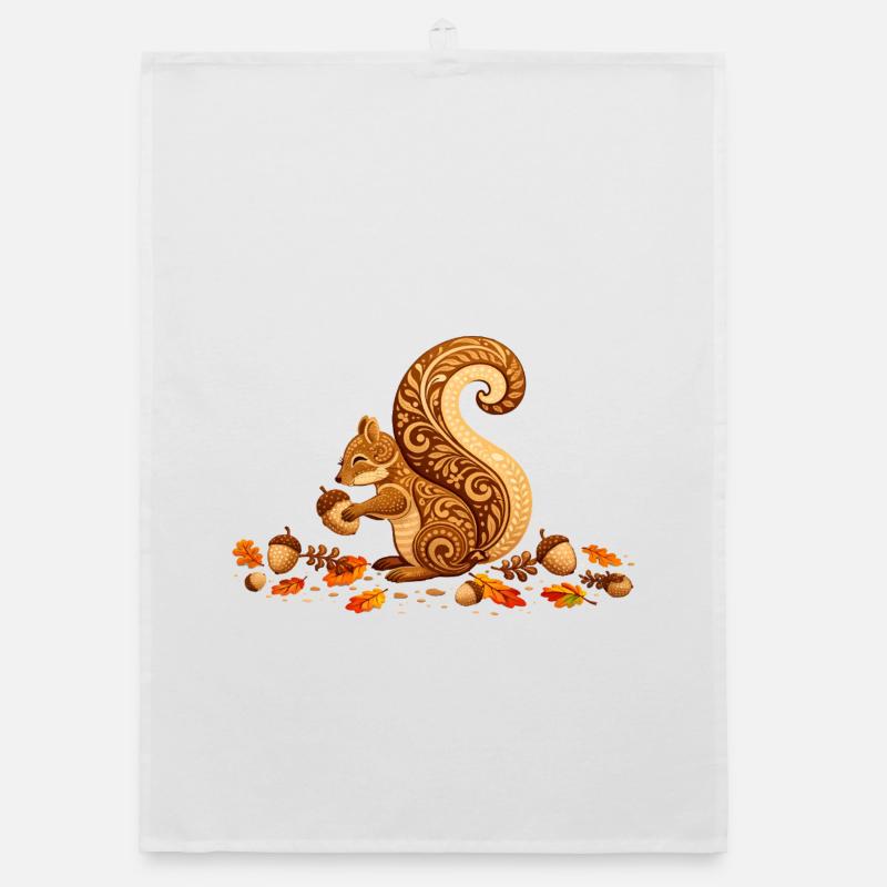 Stilisiertes Eichhörnchen mit Eichel im Herbst Organic Geschirrtuch