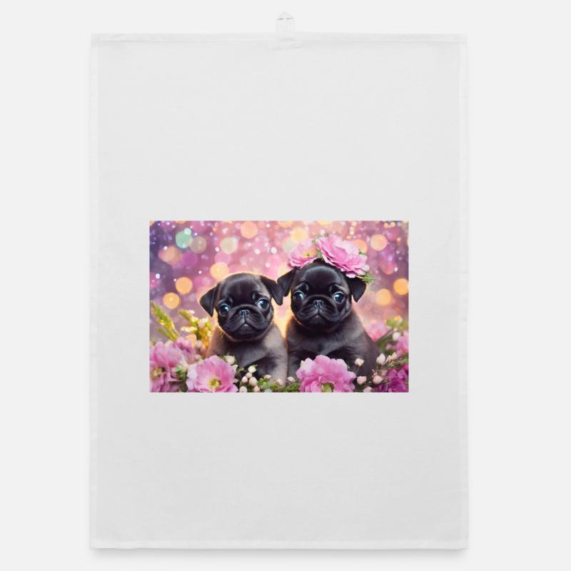 Petits chiens avec couronne de fleurs Torchon bio