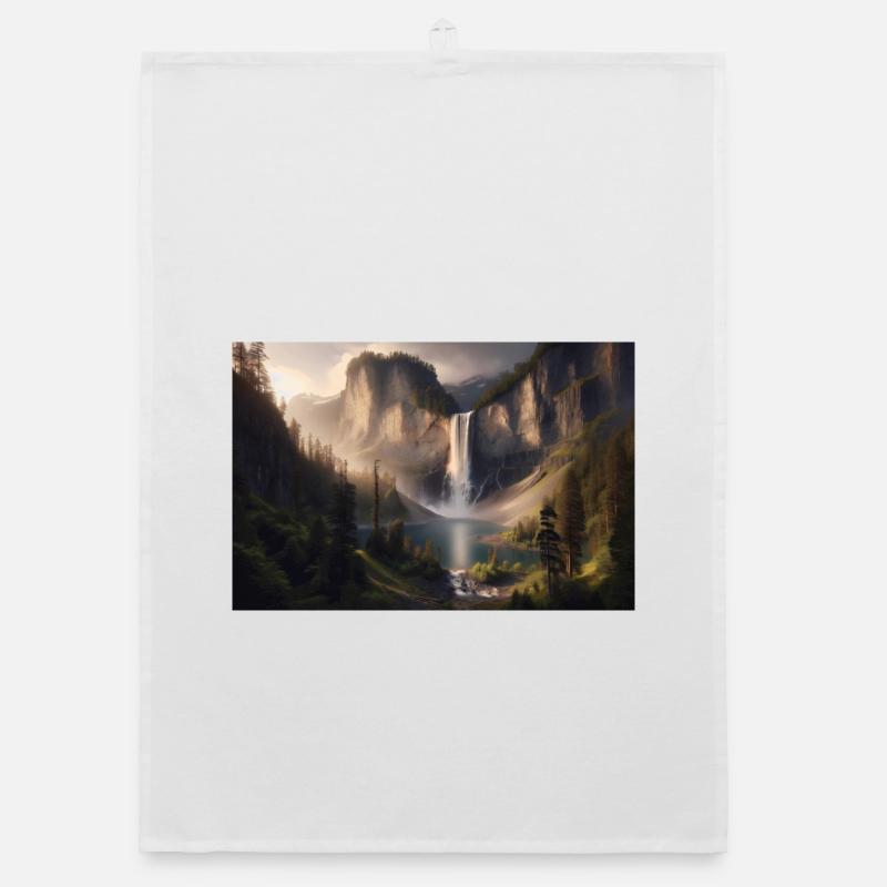 Poster Ölgemälde Berglandschaft mit Wasserfall Organic Geschirrtuch