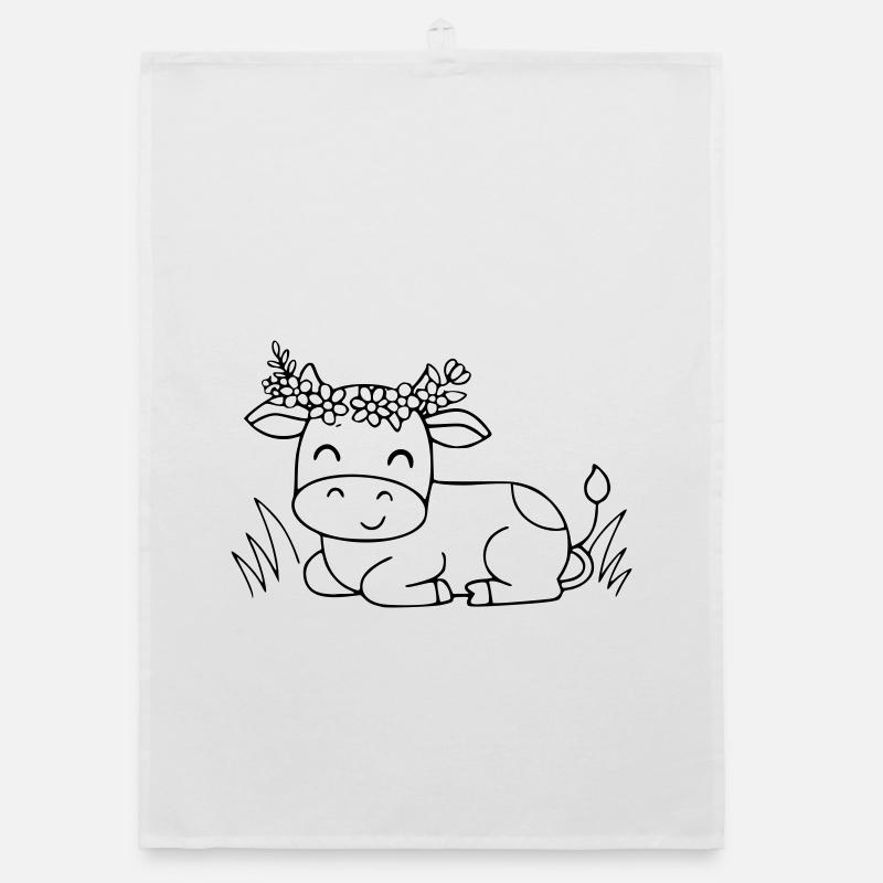 Cute Cow Floral Wreath Boho Outline Organic dish towel