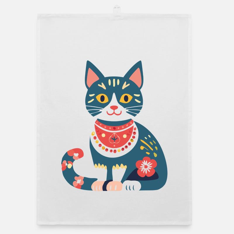 cute folklore cat Organic dish towel