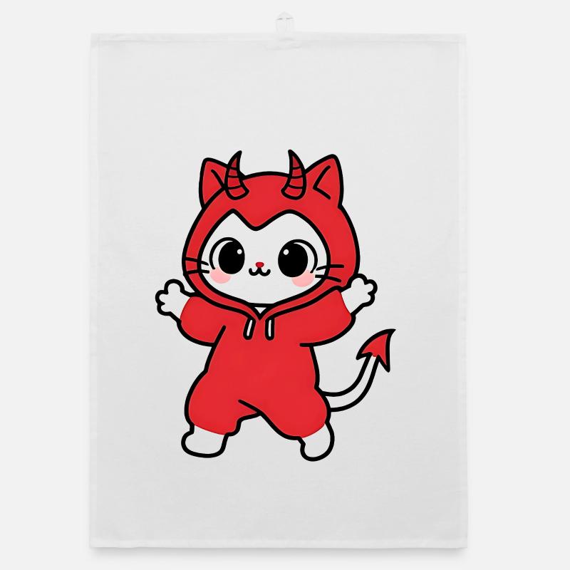 Cat Devil Kapuzenpullover Rot - Organic Geschirrtuch - Weiß