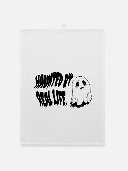 Haunted by Real Life | Sad Ghost Design - Organic dish towel - white - Front
