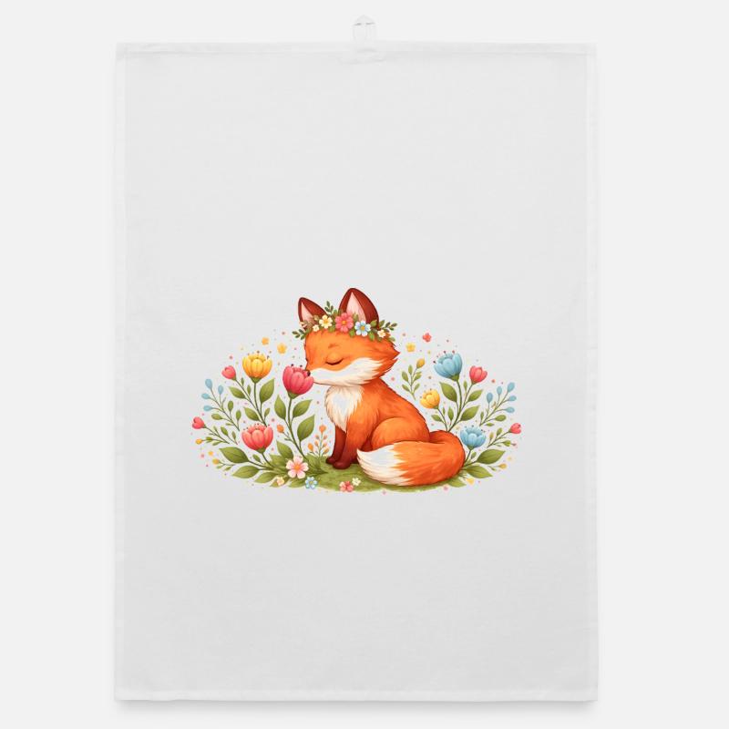 Un joli renard de printemps avec une couronne de fleurs Torchon bio