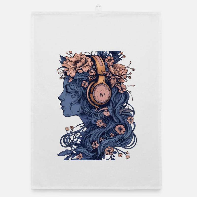 Frau mit Kopfhörer blau Organic Geschirrtuch