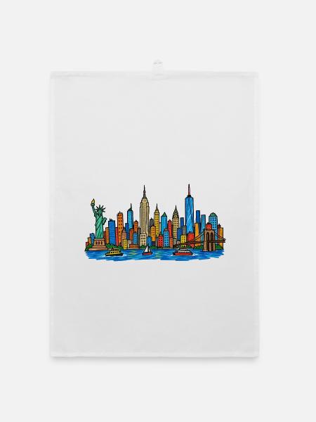 Bunte New York Skyline im Kinder-Kritzelstil - Organic Geschirrtuch - Weiß - Vorne