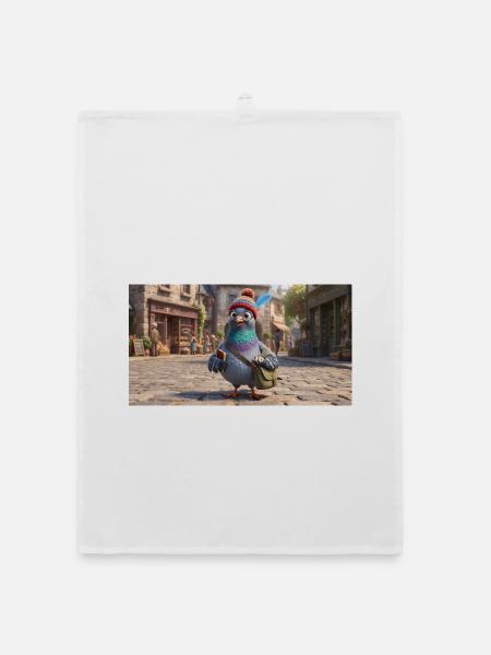 Pigeon voyageur en bonnet explorant une ville européenne - Torchon bio - blanc - Devant