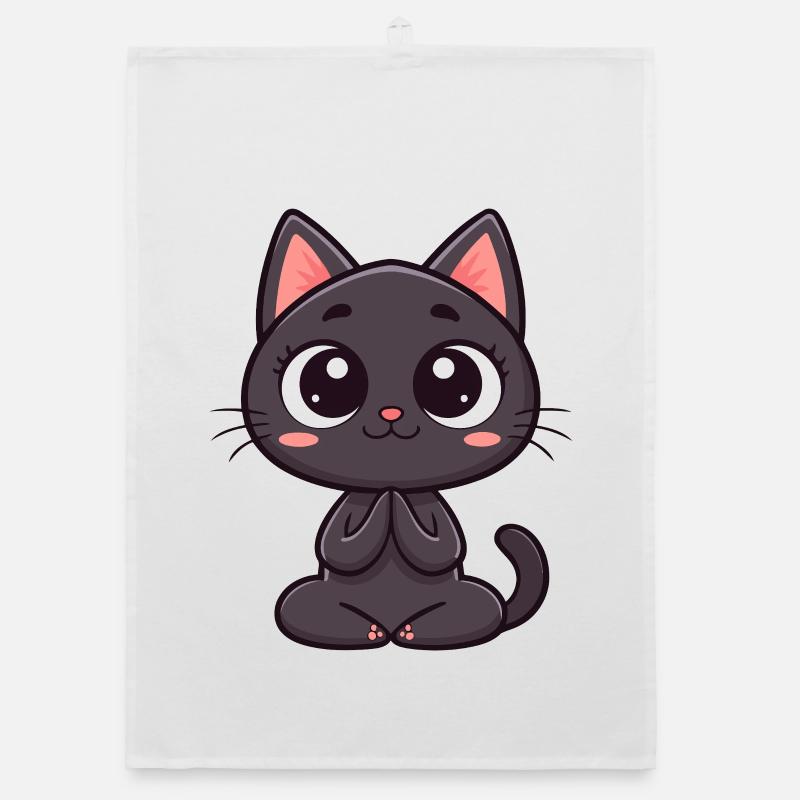 Cute black cat praying Organic dish towel