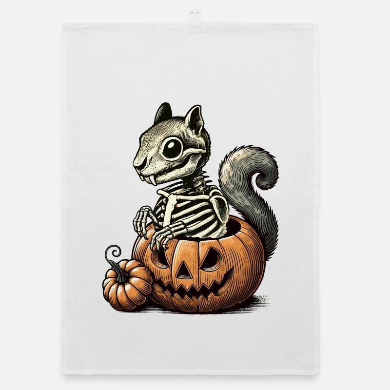 Skeleton squirrel motif in a pumpkin Organic dish towel