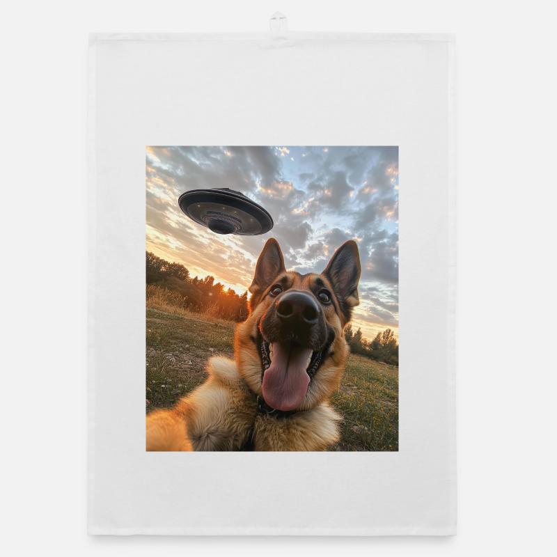 German Shepherd Selfie with UFO Organic dish towel